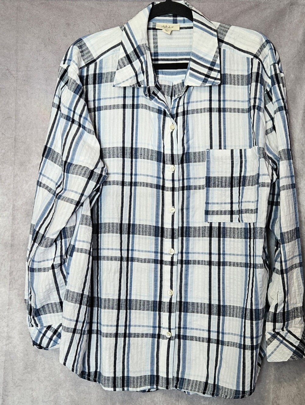 Style & Co Women XL Plaid Button Down Shirt Blue White Long Sleeve Cotton Blouse